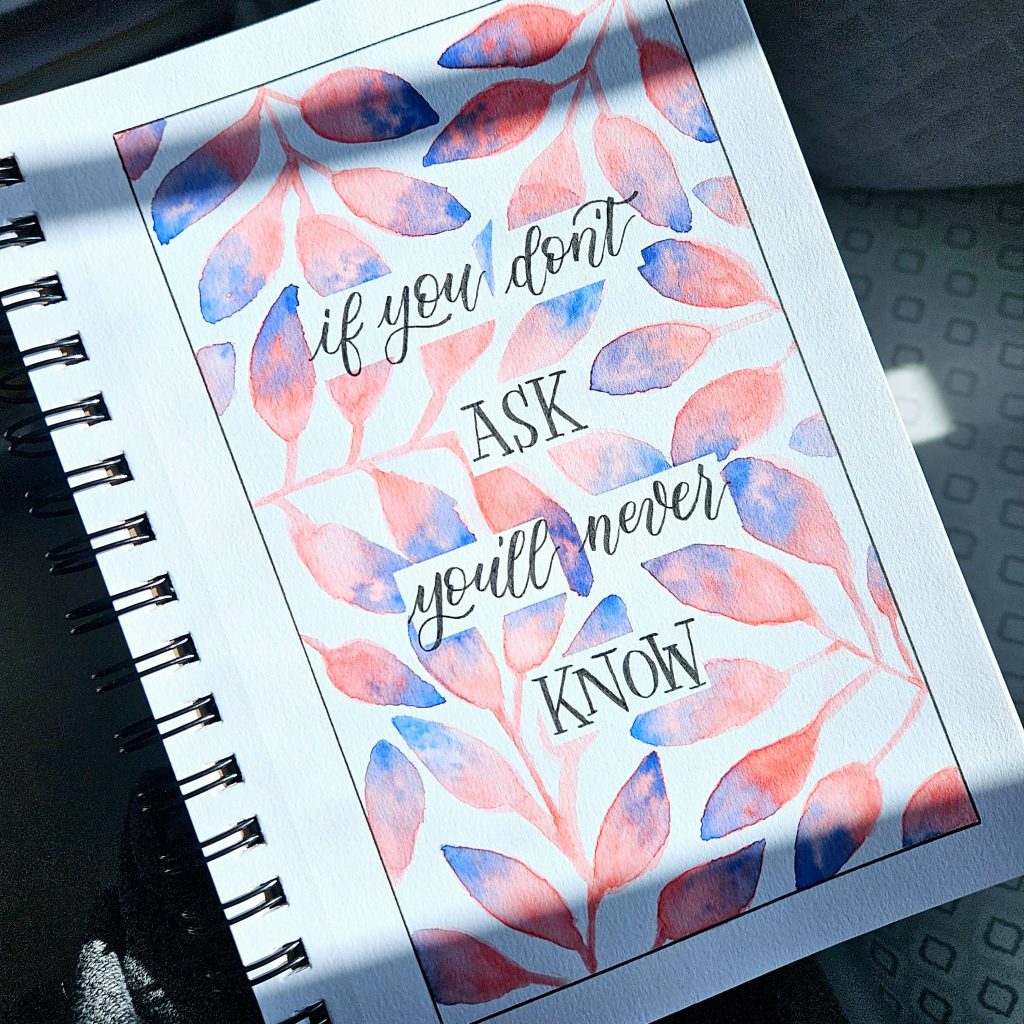 Hand‑lettered quote reading “If you don't ask you'll never know” with a blue and peach floral background