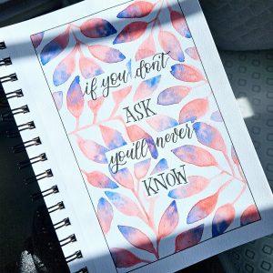 Hand‑lettered quote reading “If you don't ask you'll never know” with a blue and peach floral background