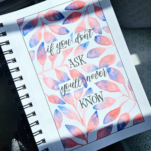 Hand‑lettered quote reading “If you don't ask you'll never know” with a blue and peach floral background